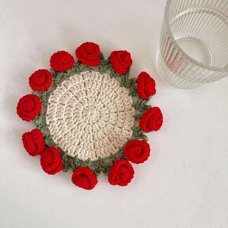 Handmade Crochet Rose Flower Coaster Set Heat-Resistant Cup Mats for Home Decor DIY Mother's Day Gift Eco-Friendly