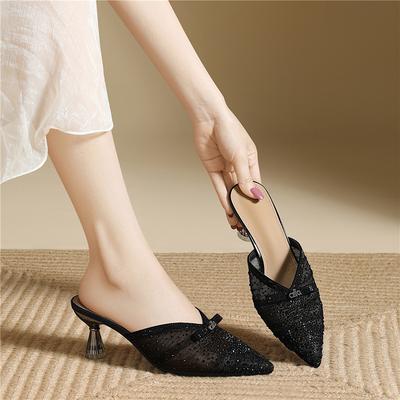 Borsa a rete strass lusso leggero testa mezza drag donna punta sottile tacco moda muller scarpe estive indossare tacchi alti