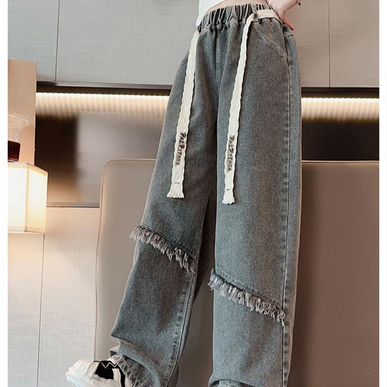 Dívčí džíny se širokými nohavicemi Jaro a Podzim Dívčí volné Internetová červená Retro modrá Rovná trubka Dětské kalhoty