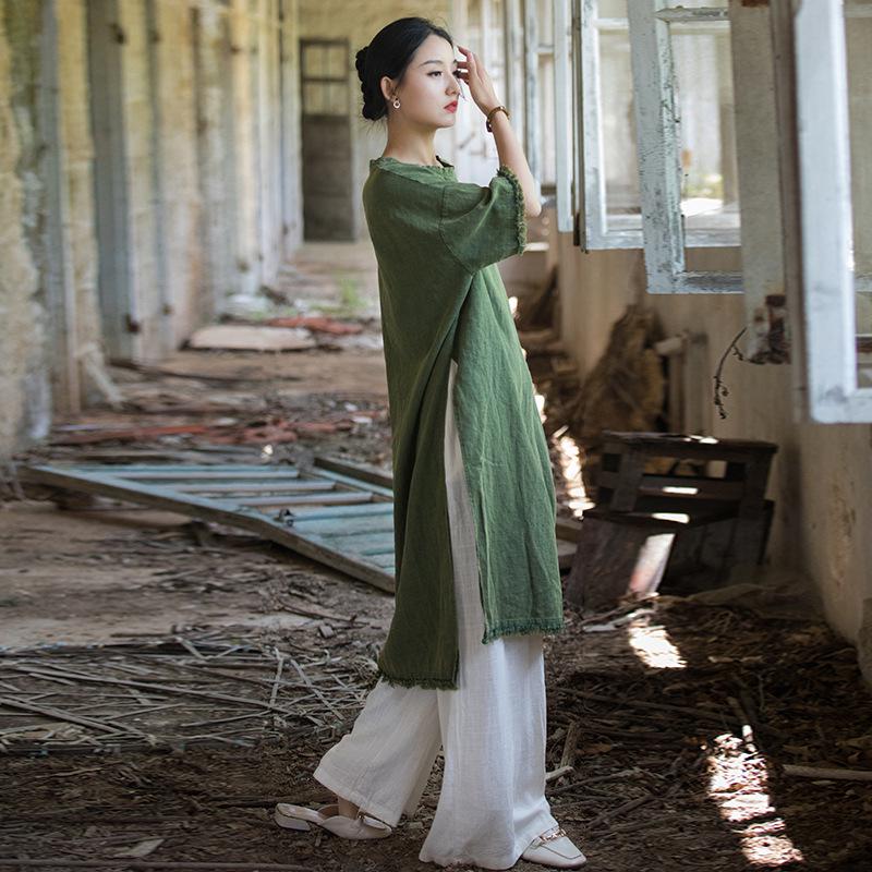 Frühling/Sommer Damen Baumwolle Leinen Fünf-Ärmel Ramie Zen Kleid