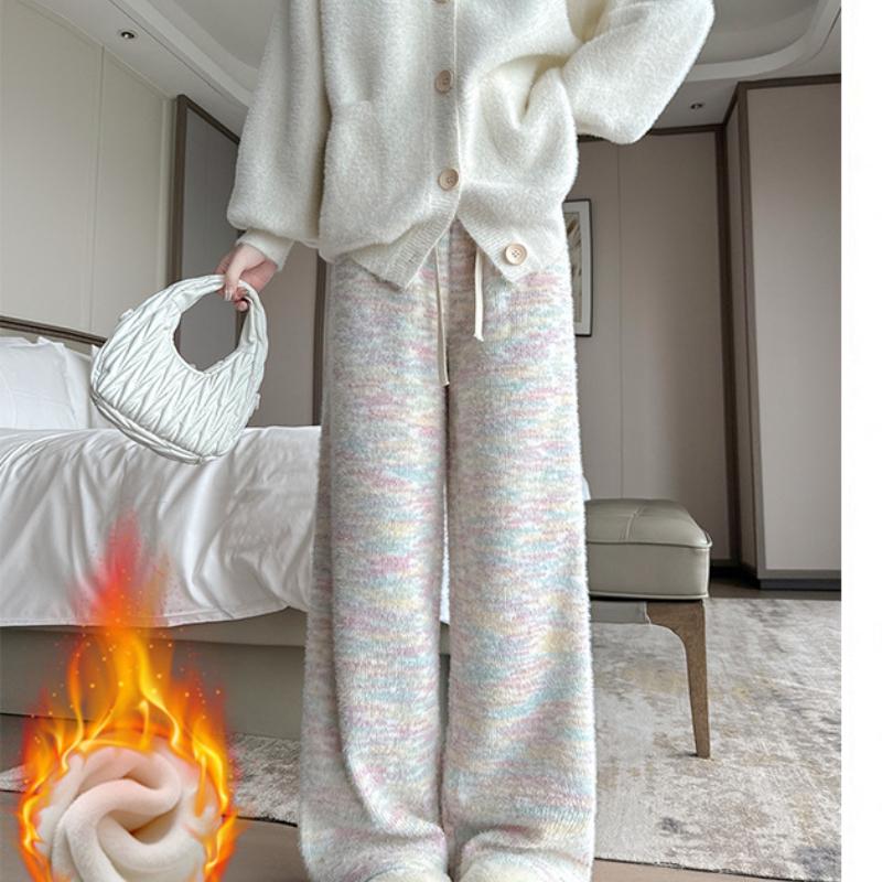 Diandian Rainbow Plus Fleece Glutinous Rice Pants for Women In Fall and Winter New Soft Glutinous Slim Fitted Knitted Narrow Wide Leg Pants