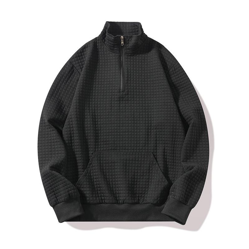 New Casual Solid Color Waffle Half-zip Pocket Long-sleeved Stand Collar Men's Sweatshirt