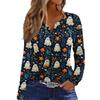 Women's Fashion Casual Halloween Printed V-Neck Button Trim Long Sleeve T-Shirt Top