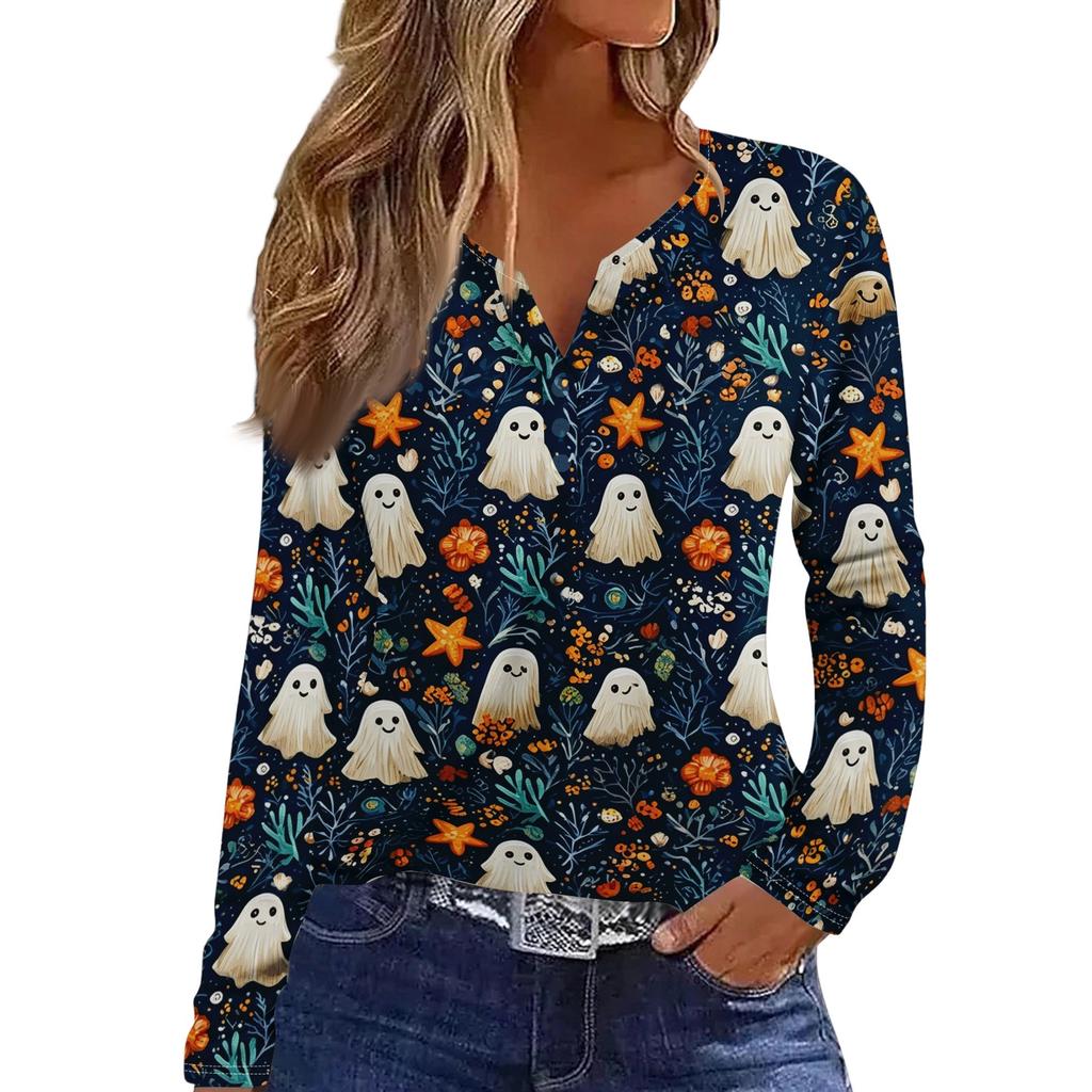 Women's Fashion Casual Halloween Printed V-Neck Button Trim Long Sleeve T-Shirt Top