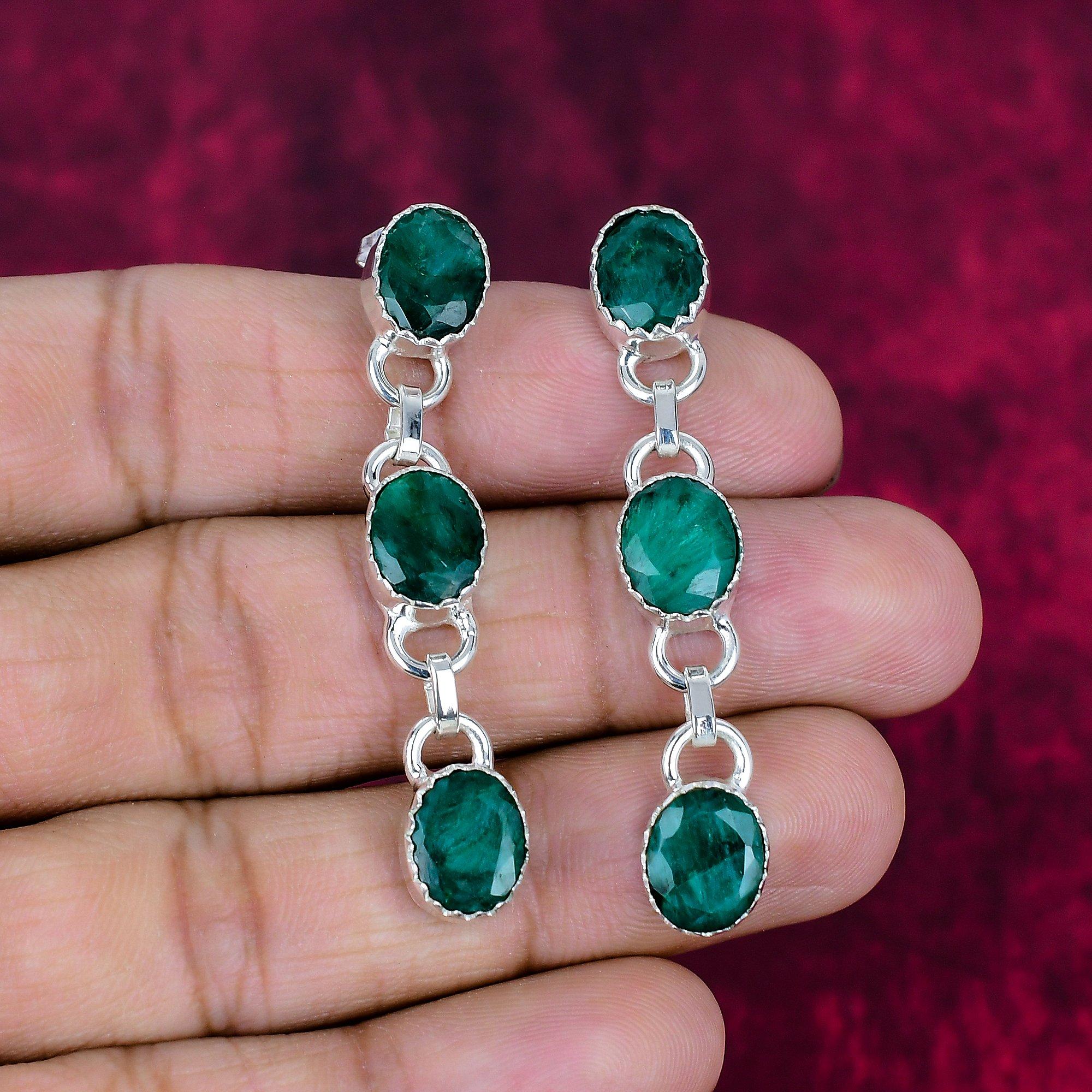 

Серьги из стерлингового серебра 925 пробы с изумрудом, серьги с драгоценными камнями ручной работы, подарки для жены, абсолютно новые серьги 2.17 Inches зелёный