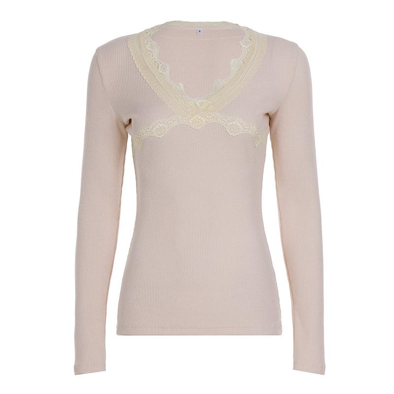 Spicy Girl Pink Lace Patchwork V-neck Long Sleeve Top for Spring/Autumn – Slim Fit, New Arrival Medium розовый