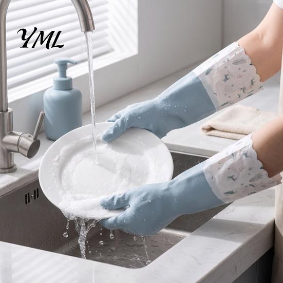 Dishwashing Gloves for Sensitive Hands Long Sleeves Gloves, Thick Fleece Lining Non-Slip Silicone Cleaning Warm Household Reusable Waterproof Kitchen