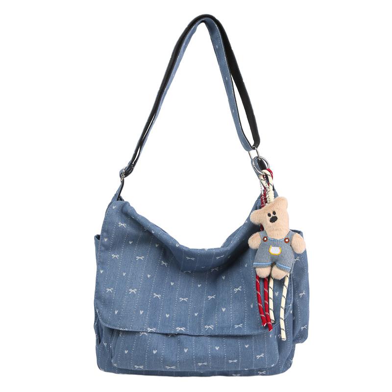 Denim Bag Women's Shoulder Bag Large Capacity Tote Bag Bow Print Commuter Crossbody Bag