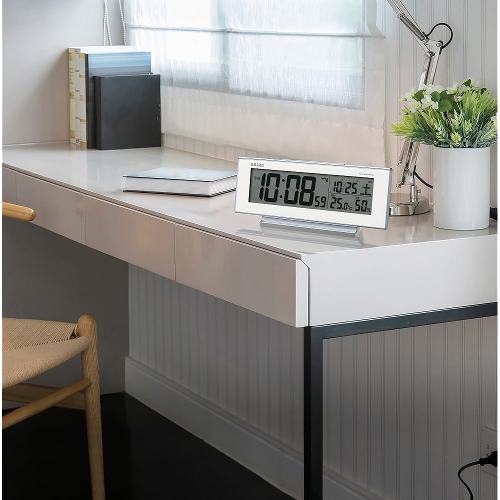 Seiko Clock Alarm Clock, Always-On, Radio-Controlled, Digital, Calendar, Temperature, Humidity Display, Visible at Night, White, SQ762W SEIKO