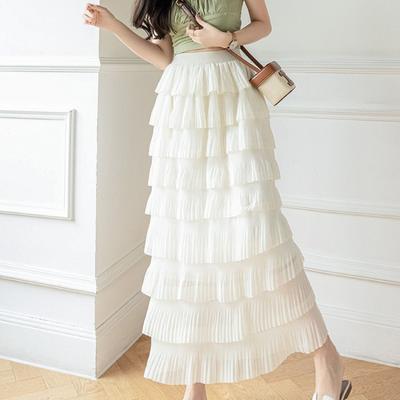 Women's Slim-Fit Midi Elastic Waist Fairy Style Chiffon-Paneled Tiered Cake Skirt - Pleated A-Line Half Skirt