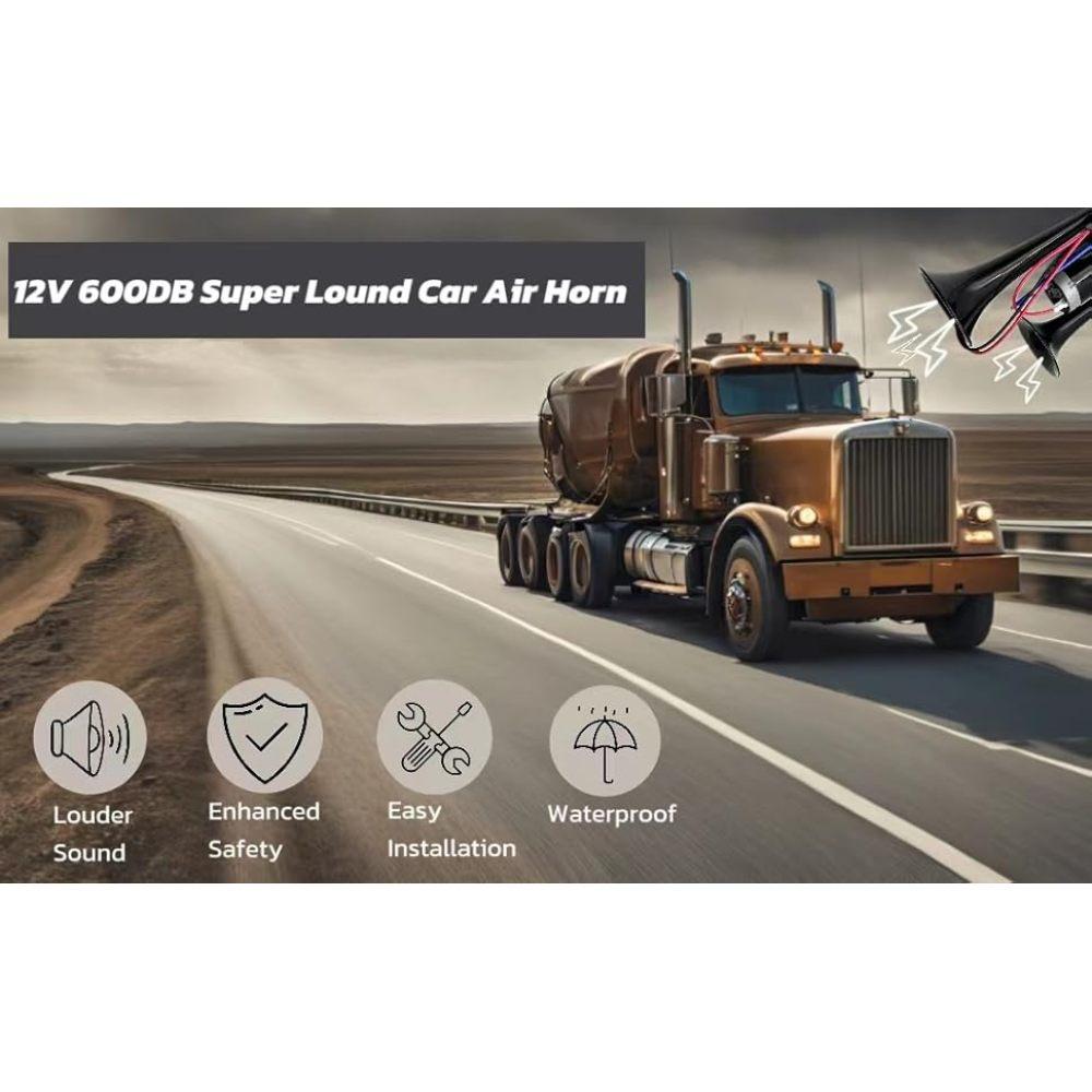 12V 600DB Car Air Horn, Super Loud Air Horn for Truck, Dual Electric Air Horns Kit for Vehicles- With Compressor