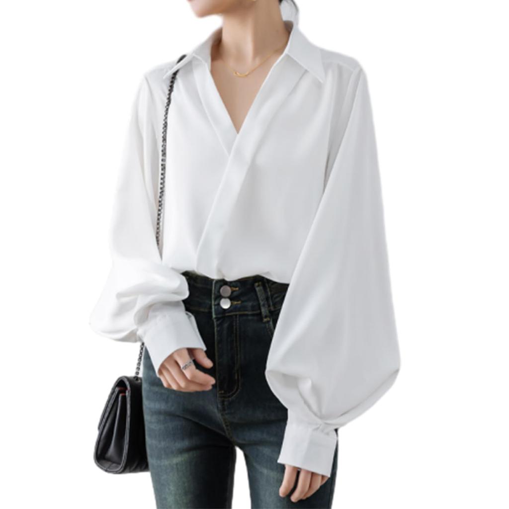 Long Sleeve Chiffon Blouse with Balloon Loose Plus Sizes Korean Autumn [POGCZMKK] Women's Shirt, V-Neck Sleeves, Cute, Slimming, Fit, Available,