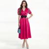 Robe Élégante de Soirée d'Été pour Femmes, Col en V Croisé, Manches Courtes Bouffantes, Satinée, Taille Haute avec Ceinture, Fermeture par Lacets, Robe Midi