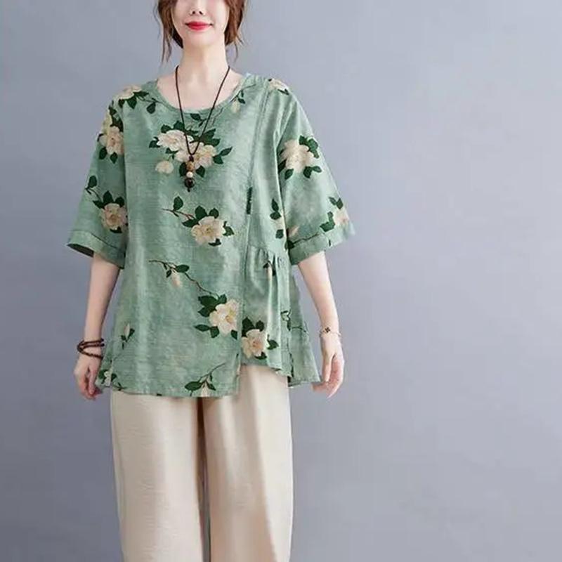 Women's Summer Round Neck Short Sleeve T-shirt Loose and Thin Casual Cotton Linen Graphic Shirt Leisure Blouse Tops