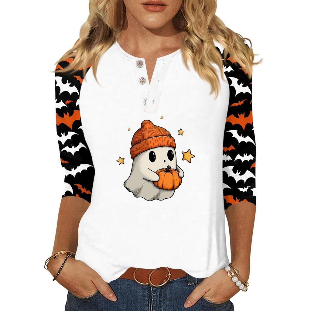 Dámské tričko Halloweenský potisk Knoflík 3/4 rukáv Denní Víkendová Móda Základní V-výstřih Běžný Top