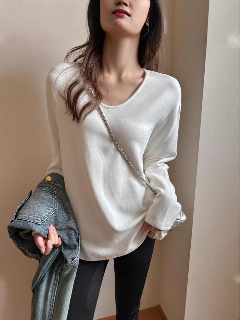 Plus Size Women's V-Neck Long-Sleeve Warm T-Shirt - Autumn/Winter Slimming Base Layer Top