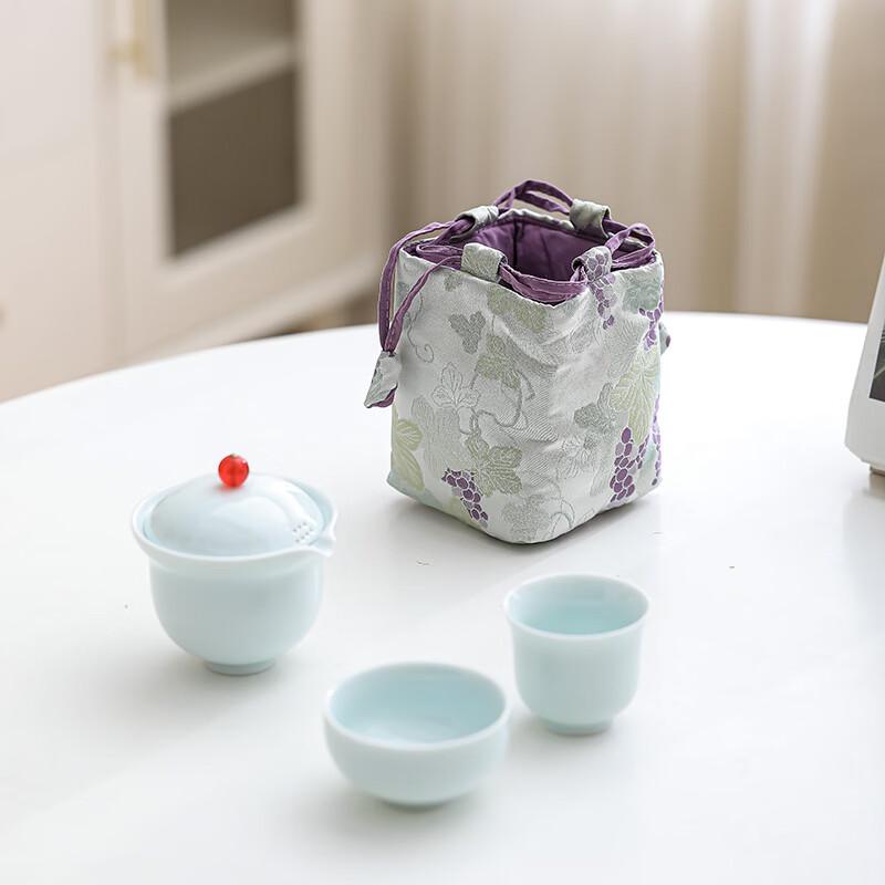 Shangqi Cotton Linen Grape Pattern Tea Cup Storage Bag Set