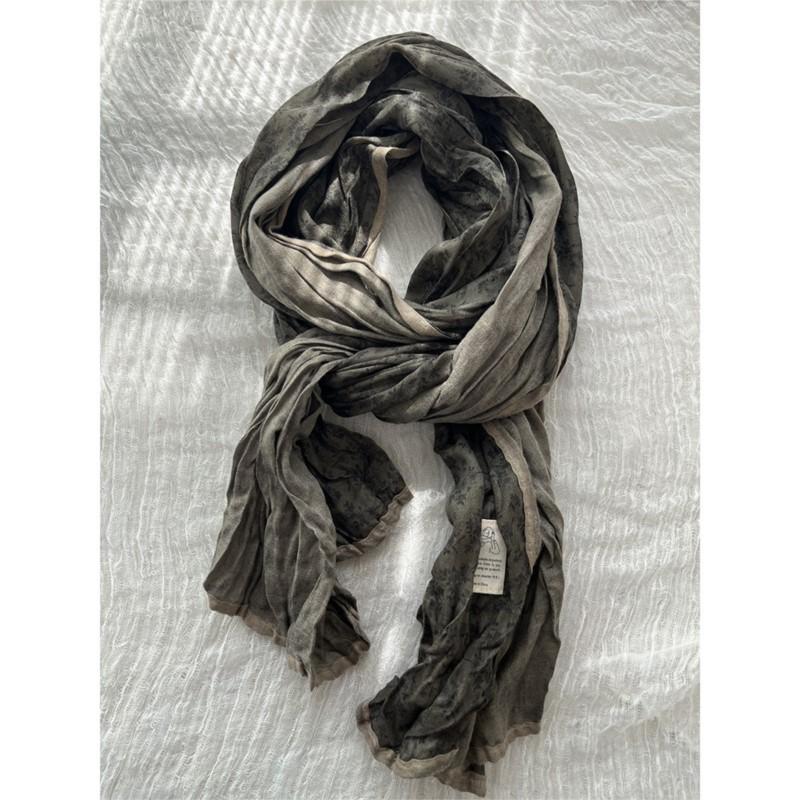 Johnature Floral Edging Scarf Women Retro Japanese Versatile Pleated Shawl Four Seasons Decorative Scarf Women