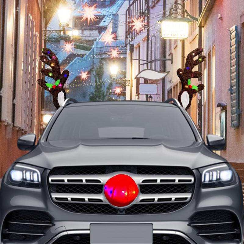 Christmas Reindeer Car Decorations LED Lighting Rudolf Reindeer Antlers Red Noses Car Decorations Kit Christmas Auto  Decor
