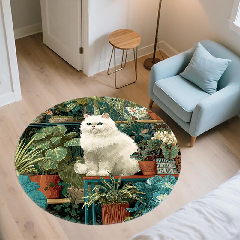 Plant Cat,Round Area Rug,Carpet Rug for Living Room Bedroom Sofa Playroom Decor,Non-slip Floor Mat
