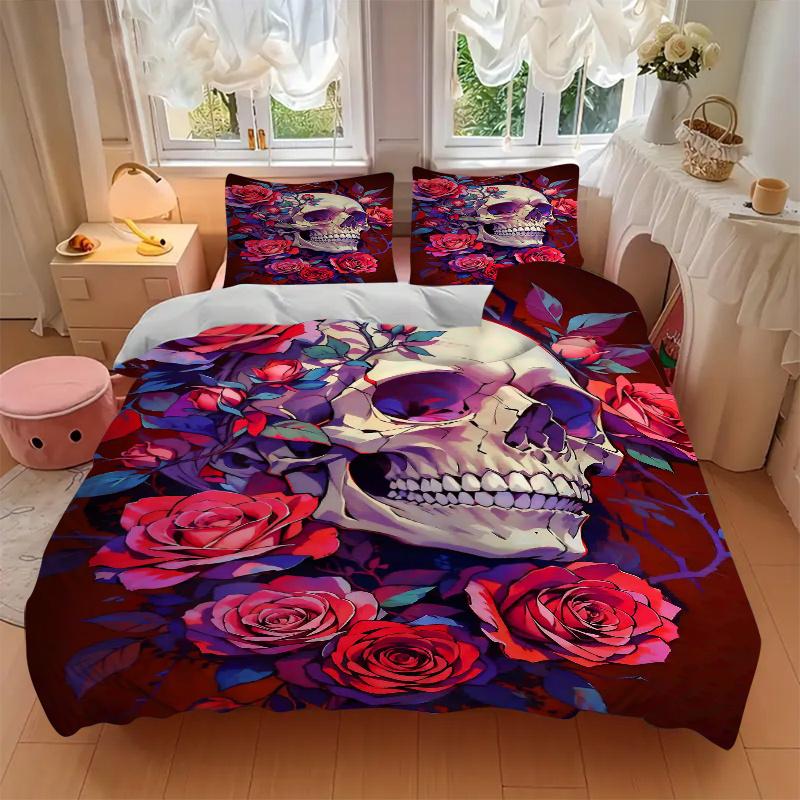 3-teiliges Schädel und Rosen Bettwäsche-Set - Weiches & Bequemes Polyestergewebe, Ganzjahres-Atmungsaktives Bettdecken-Set Für 1 Bettbezug & 2 Kissenbezüge