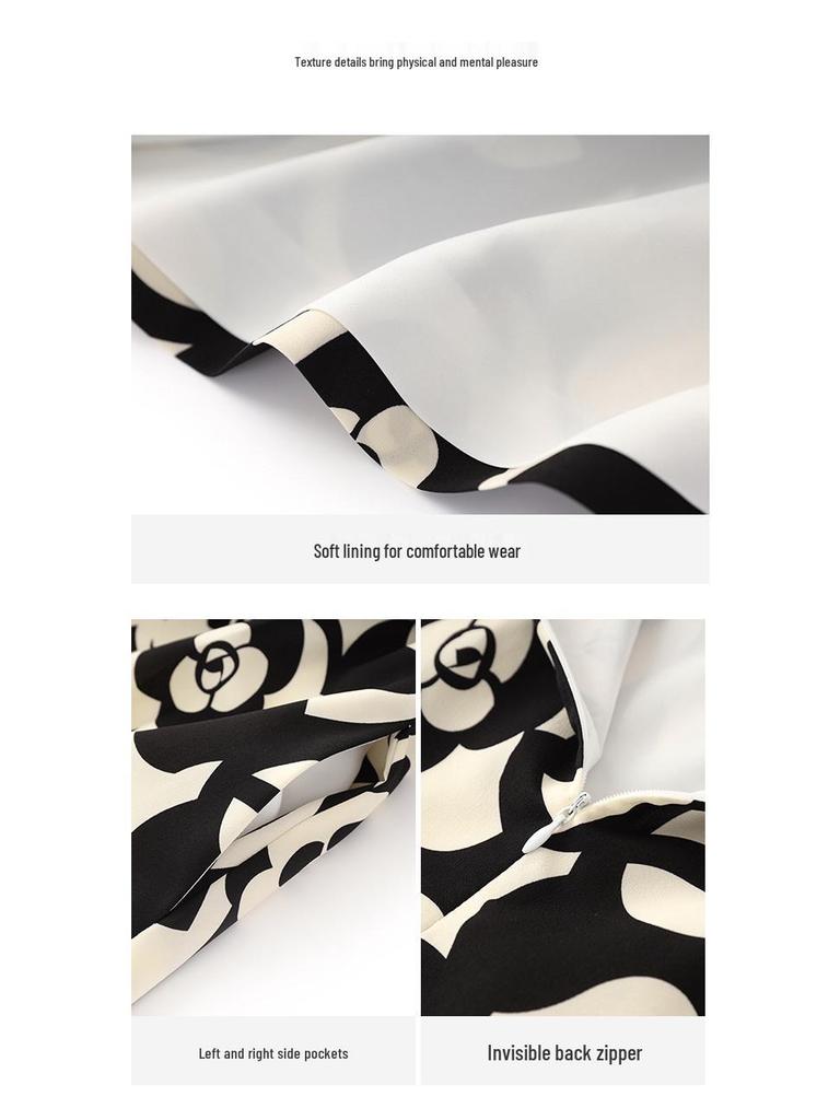 Light Luxury Camellia Print High Waist Slimming Dress