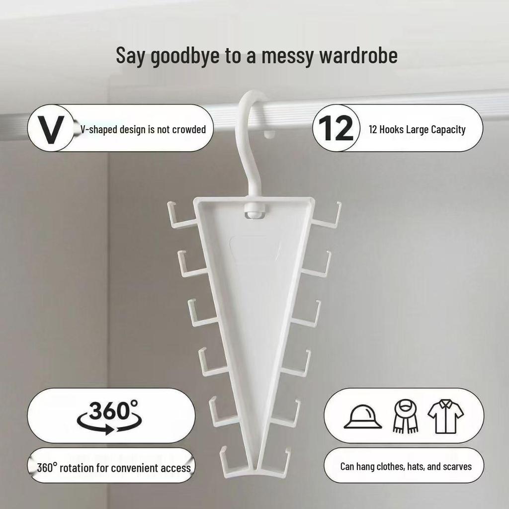 V-Shaped 360° Rotating Dual-Sided Hanger with 12 Hooks for Clothes, Hats, and Bags