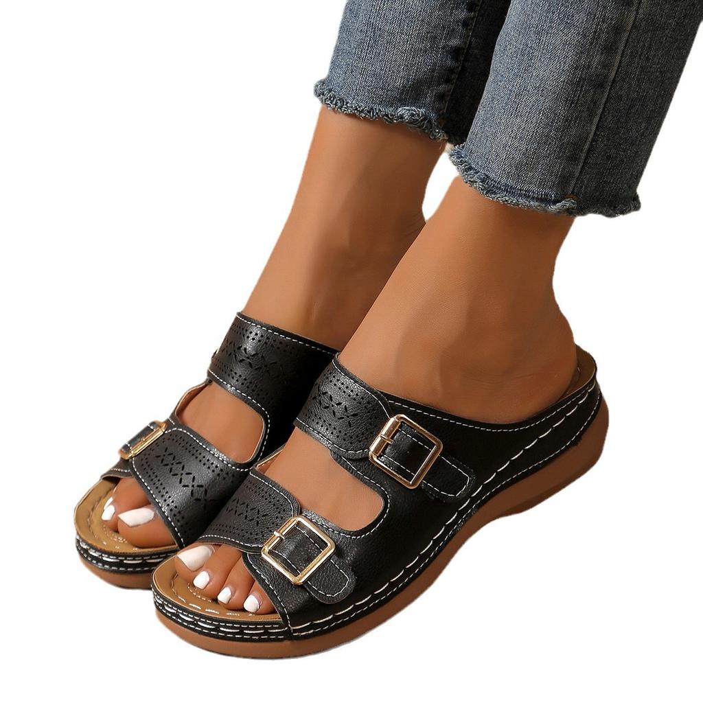 Sommermode Damen Keilsandalen Premium Orthopädische Zehenfreie Schuhe für Damen Rutschfeste Plateau Retro Hausschuhe