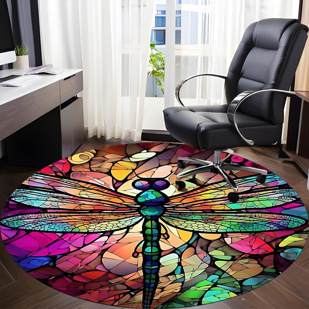 1PC Stained Glass Dragonfly Office Round Area Rug, Mat Suitable ForOffice, Under Office Chairs Bedroom Living Room Home Decor, Room Deco