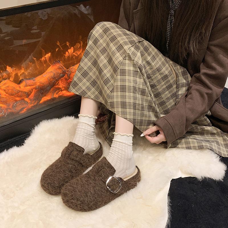 Retro Filz Dicksohlige Taschenkopf Halbschuhe Damen Außenbekleidung 2025 Herbst und Winter Neue Samt High-End Muller Baumwollpantoffeln