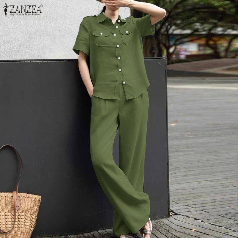 ZANZEA Women Classic Short Sleeve Blouse and Pants Casual Two Piece Suit Sets