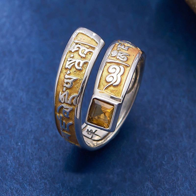 Tibetan Style Gold Inlay Enamel Ring with Six-Syllable Mantra for Men and Women Adjustable Open Size