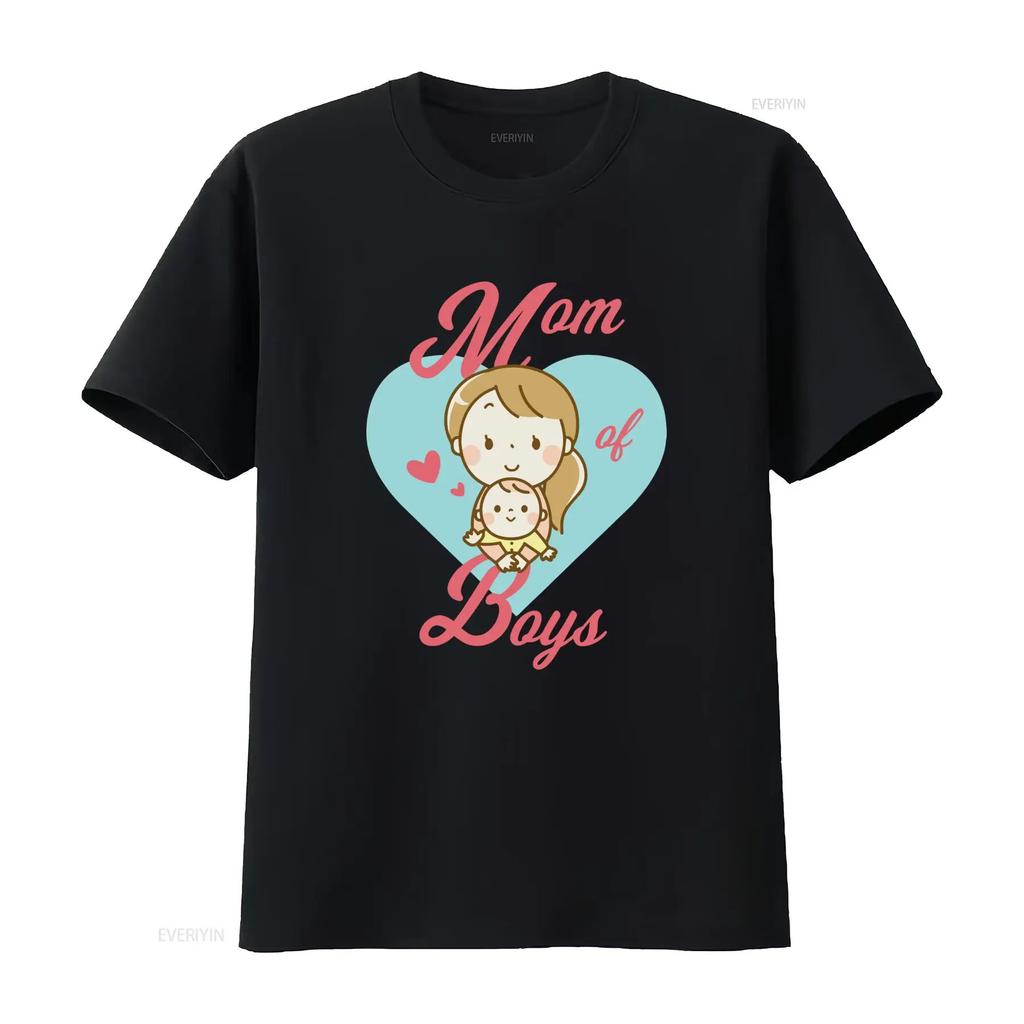 Cute Cartoon Mom of Boys Mother Son Heart Print Casual T Shirt vintage Washed homme Unisex Comf