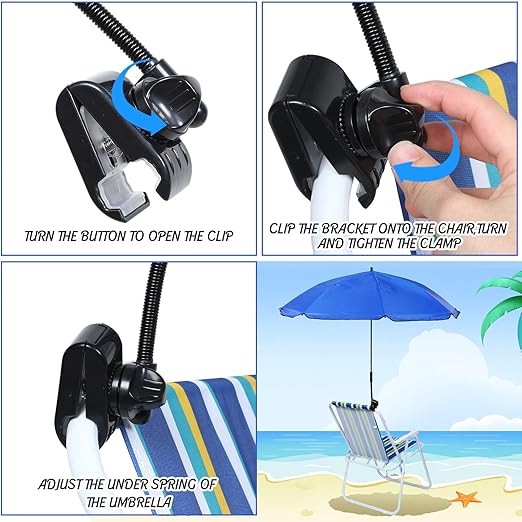 1pcs Beach Chair Umbrella with Universal Clip, Adjustable UPF 50+ 360° Beach Umbrella, Portable Golf Umbrella for Beach Camping Patio