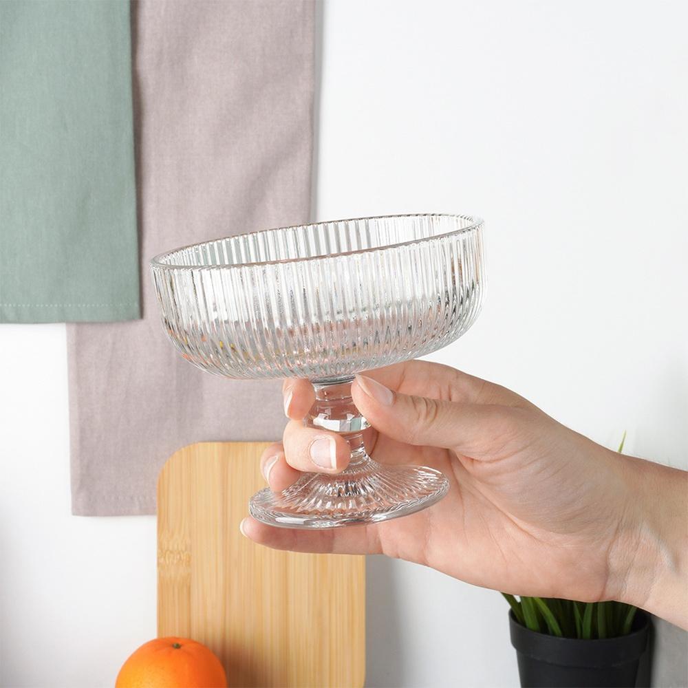 6x Grooved Glass Cups On a Stand for Ice Cream Desserts 270ml