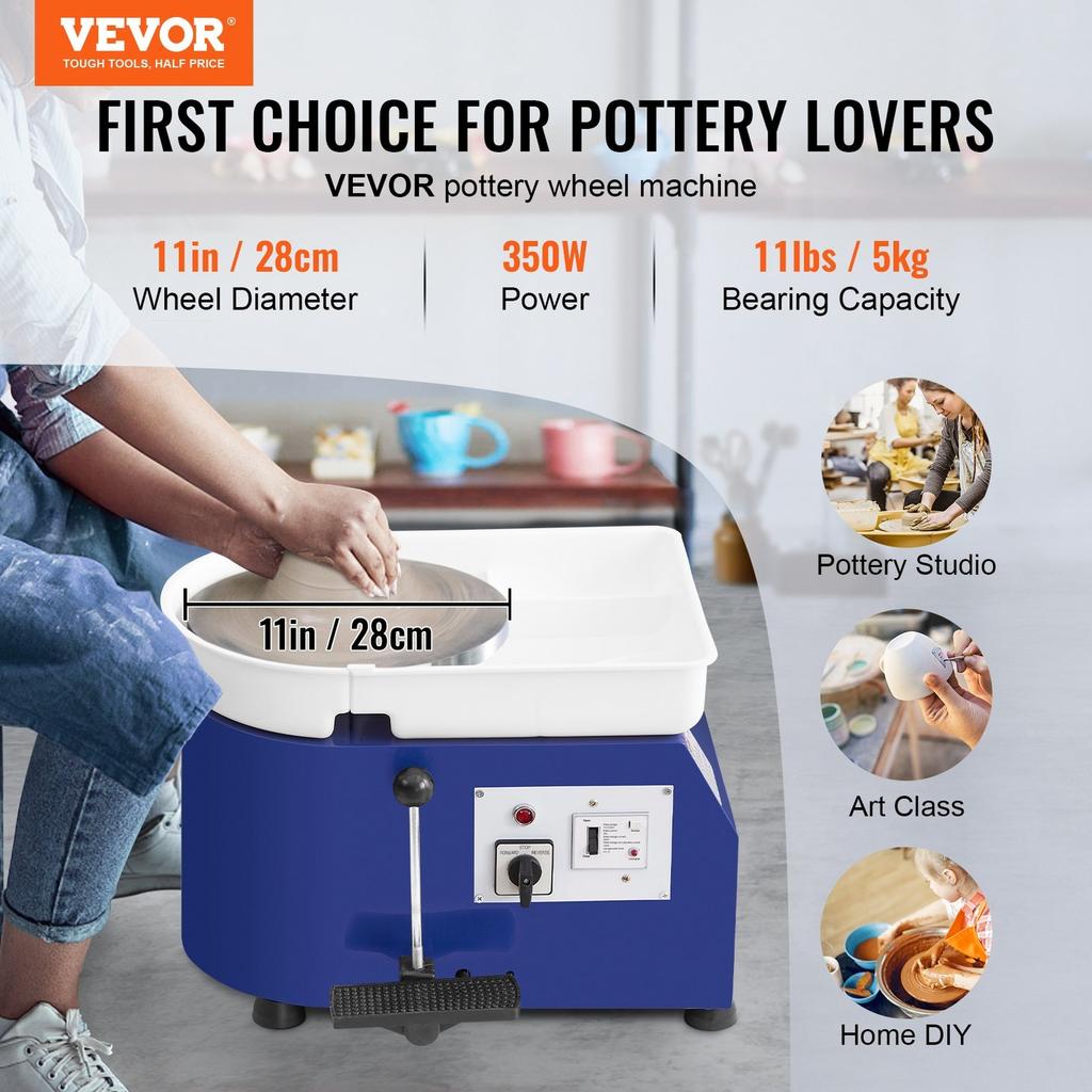 Pottery Wheel, 350W, 11 in Clay Wheel Forming Machine, 60-300 RPM Adjustable Speed with Handle and Pedal Control, ABS Detachable Basin, Accessory Kit