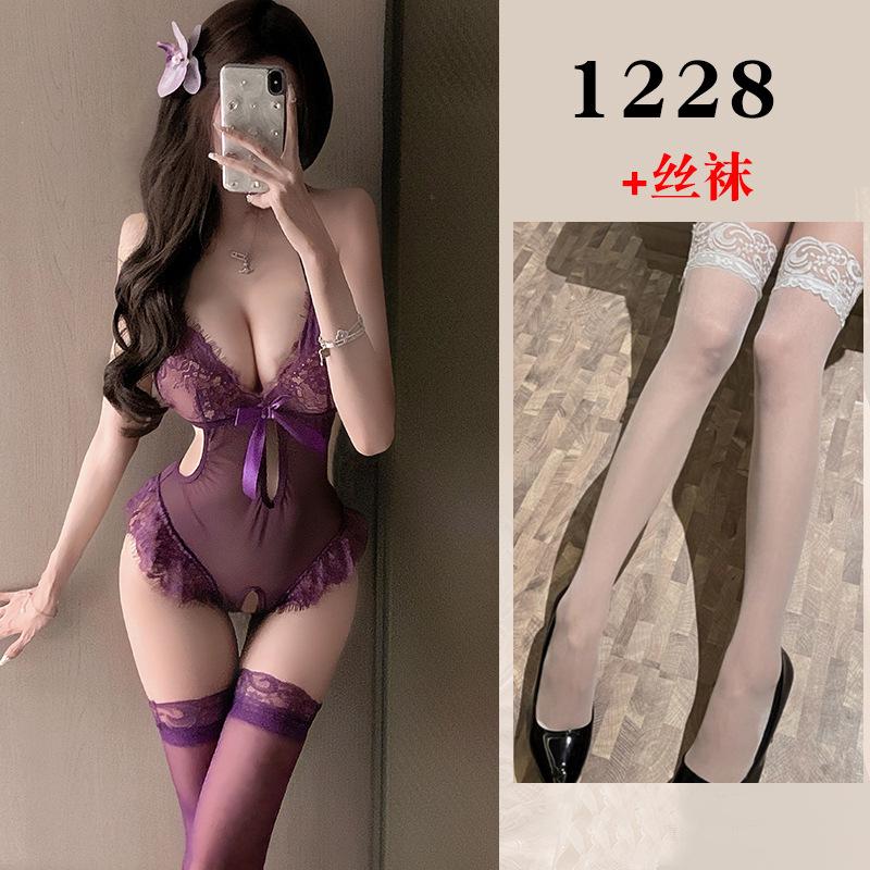 Sex underwear women's pure desire uniform lace suspender mesh nightdress open gear temptation purple sex suit