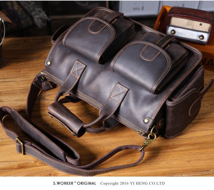 Men's Genuine Leather Crazy Horse Briefcase & Messenger Laptop Bag