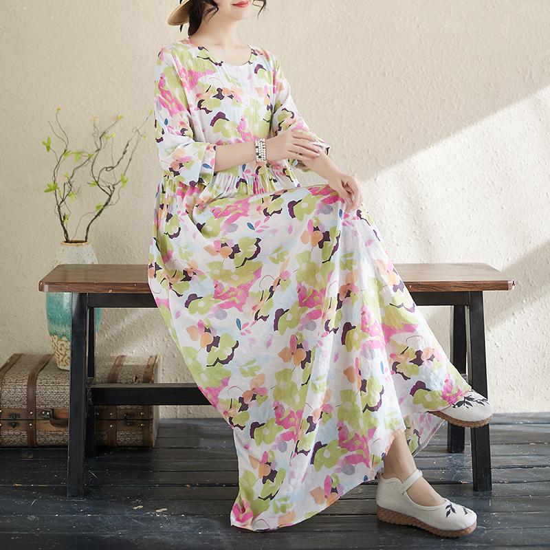 

Dimanaf 2025 Женское Новое Весеннее Длинное Платье Плюс Размер Винтаж Базовый Длинный Рукав Свободный Повседневный Макси О-Образный Вырез Печать 2XL белый