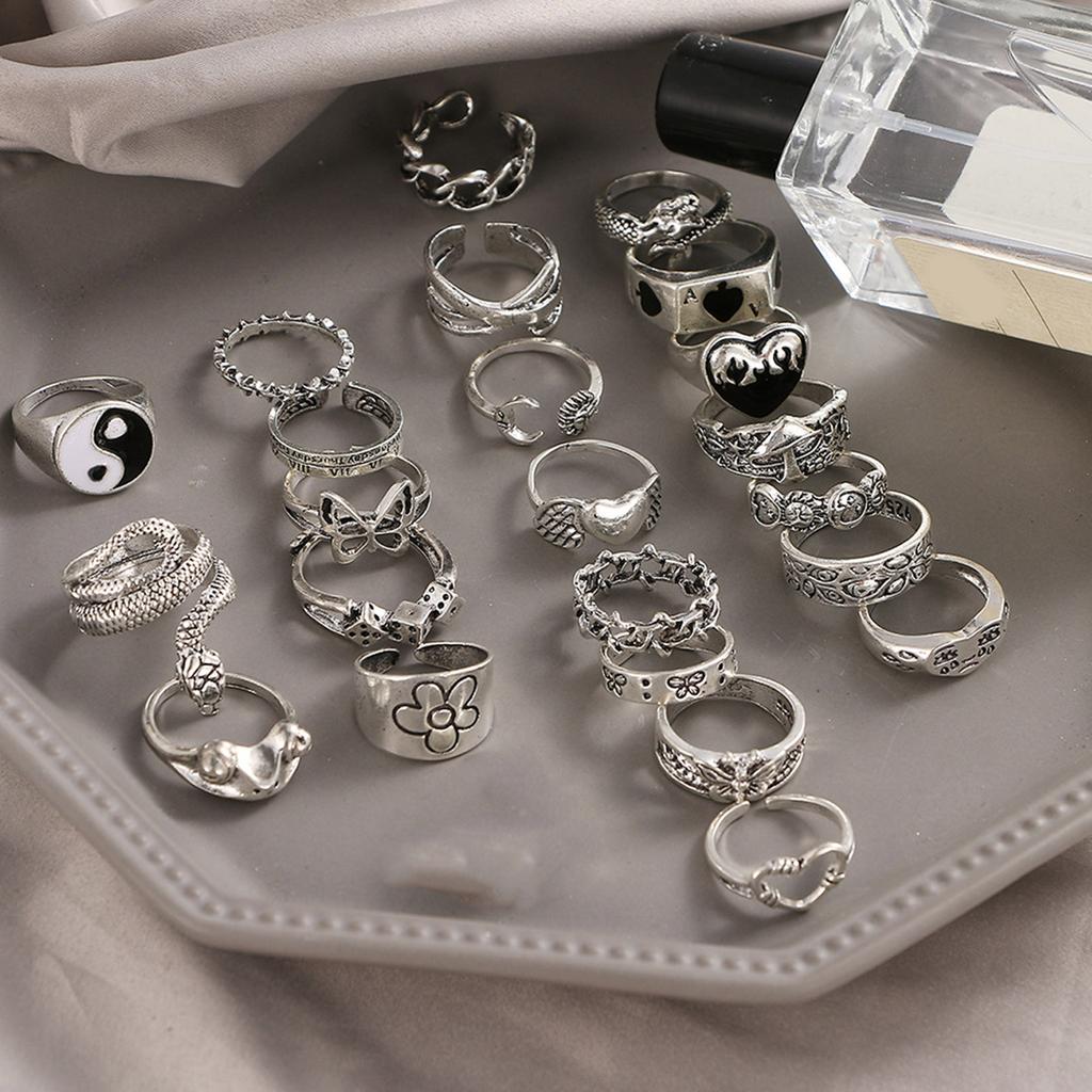 Pack of 24 Stylish Silver Gothic Rings for Men and Women Y2K Style Featuring Skull Cross Heart and Butterfly Elements
