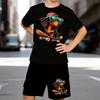 Boys 2 Piece Cartoon Dog and Skateboard Print Outfit, Short Sleeve T-Shirt and Shorts Set for Kids Age 5-14, White Sporty Casual Summer Clothes