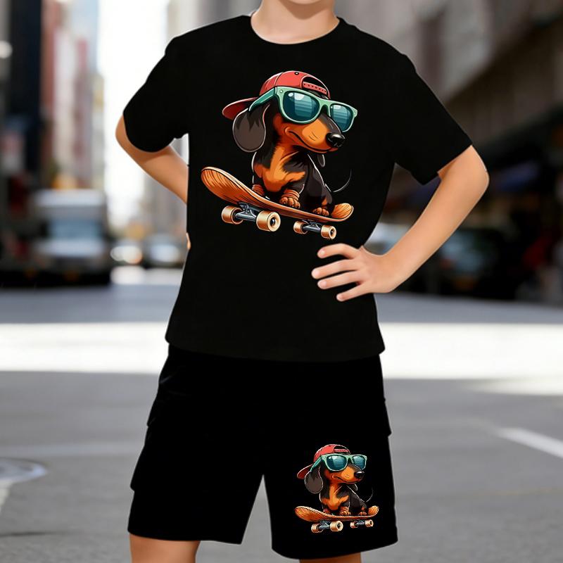

Boys 2 Piece Cartoon Dog and Skateboard Print Outfit, Short Sleeve T-Shirt and Shorts Set for Kids Age 5-14, White Sporty Casual Summer Clothes 5-6 Years чёрный