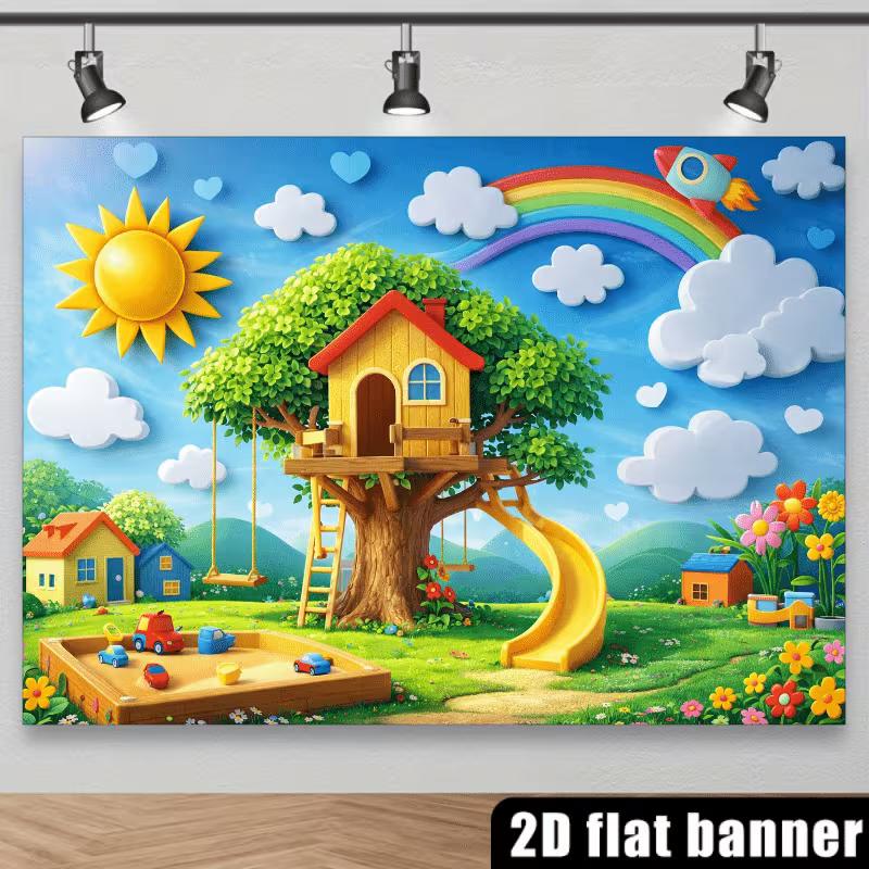 2D Rainbow Tree House Backdrop, Kids Playground Themed Background for Baby & Toddler Party Decor