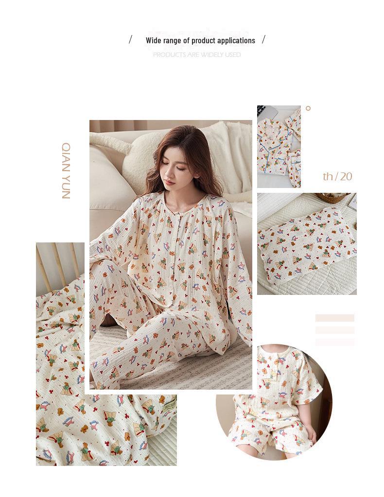 Double-Layer Printed Cotton Crepe Nightgown with Wrinkled Fabric