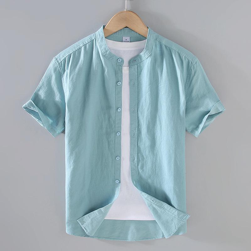Cotton Linen Men's Short-Sleeved Shirts Summer Streetwear Plain Color Stand Collar Casual Beach Style Plus Size XS-3XL