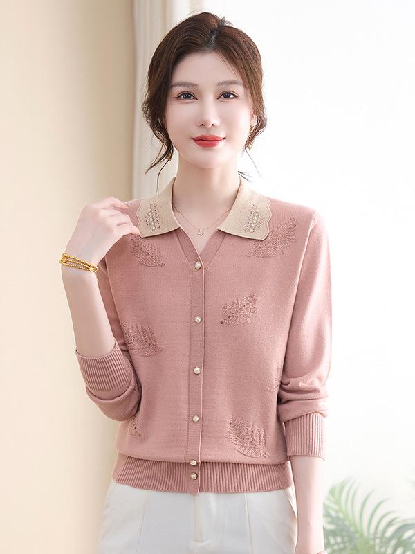 Autumn Stripe Knit Lapel Top for Middle-Aged and Elderly Women - New 2026 Style