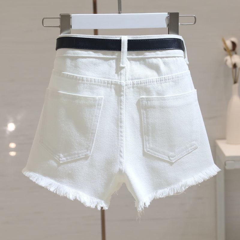 Women's 2025 Summer White High-Waisted Frayed Hem Denim Shorts - Loose, Slimming, Trendy Wide-Leg Hot Pants