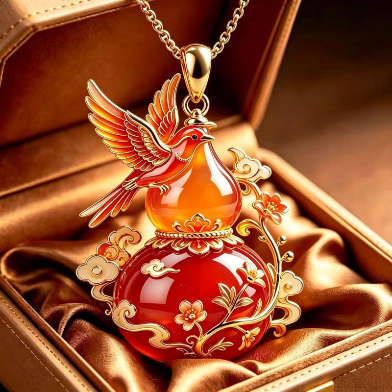 Collier pendentif gourde plaqué or Émail Oiseau Motif floral Bijou délicat pour femme Cadeau d'anniversaire