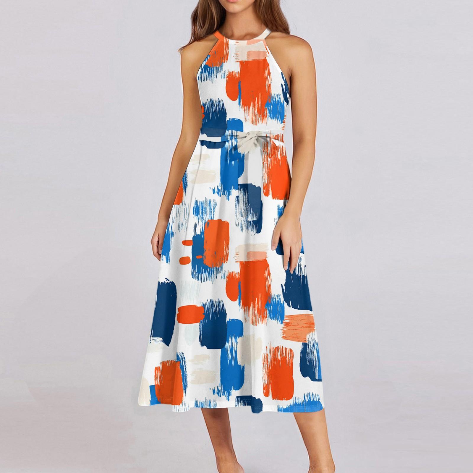 

Женское повседневное платье миди с круглым вырезом, классическое, повседневное, без рукавов, свободное платье в стиле бохо с завязками, летний пляжный сарафан M оранжевый