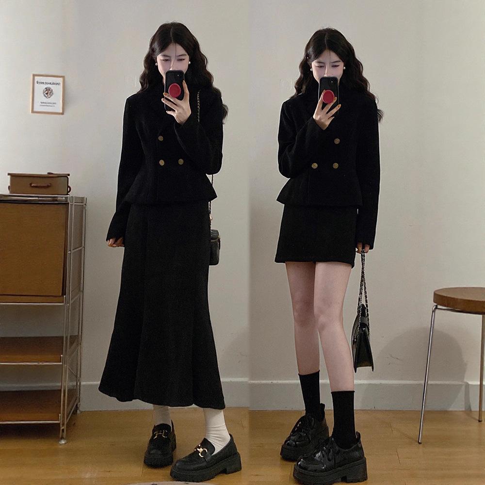 Corduroy Waist-Cinching Jacket & Skirt Set, Women's Plus Size, Elegant Slimming Two-Piece for Autumn/Winter